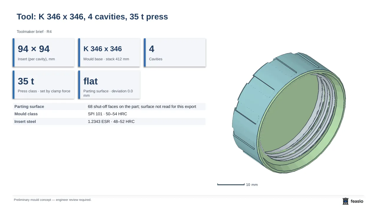 Toolmaker brief page: insert 94 by 94 millimetres, mould base K 346 by 346, 4 cavities, 35 t press, flat parting surface, with the cap beside it.
